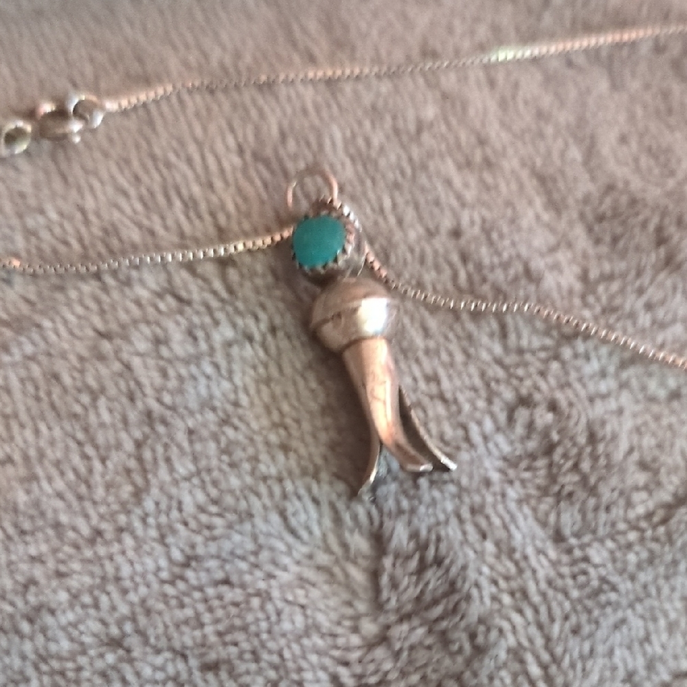 Vtg Sterling Silver Turquoise Squash Blossom Pendant Necklace